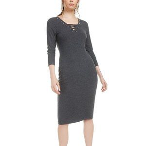 BAR III Lace-Up Grommet-Neck Ribbed Sweater Dress Gotham Grey